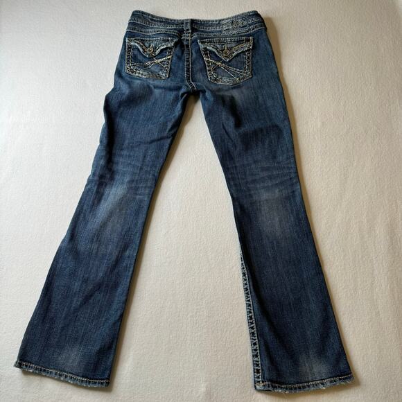 Silver Pioneer Bootcut Jeans Womens 29x31 Distressed Medium to Light Wash Stitch - Picture 3 of 9